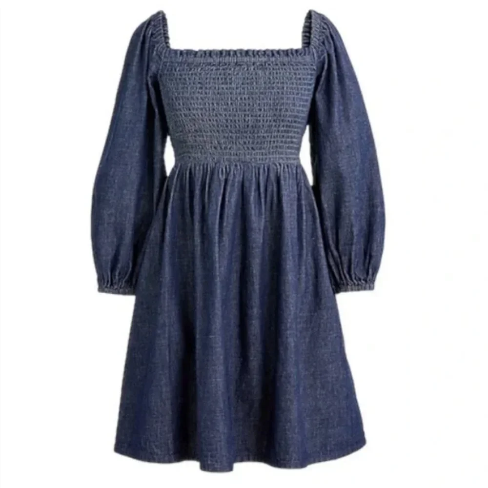 NWT J. Crew Smocked puff-sleeve dress in chambray XXS‎